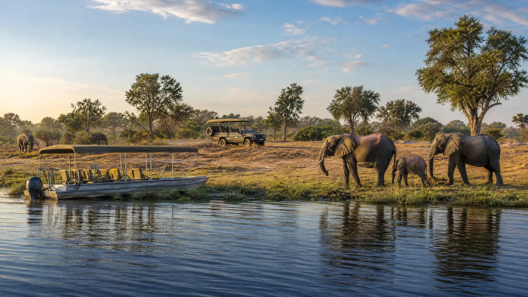 Experience massive elephant herds along the Chobe River. A standard day trip combines a land-based 4x4 game drive and an aquatic boat cruise.