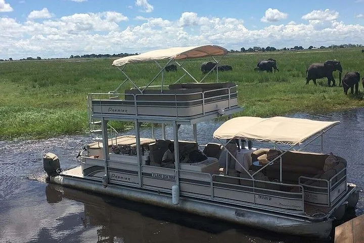A large double-decker pontoon boat on the river with elephants in the background